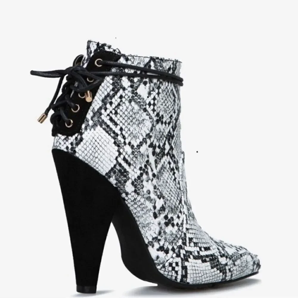 ShoeDazzle Women's Black White Gemini Snake Print Cone Heel Lace Back Booties